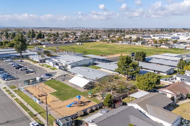 Elevated views of Village View Elementary School and the surrounding landscape.