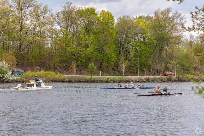 The Charles River along Allston stays busy with people kayaking and rowing.