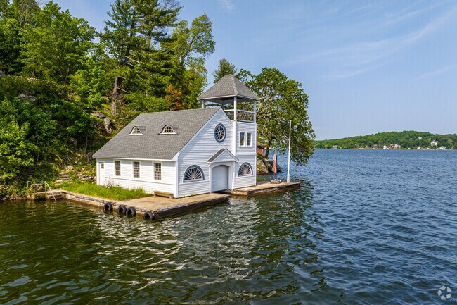 Scenic boathouse on the water on Lake Hopatcong.