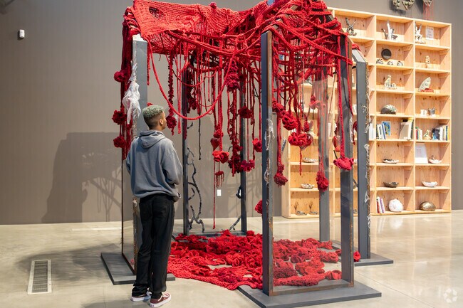 A person admires the yarn art at the Museum of Art and History in Central Lancaster.