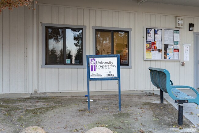 A small sign greets students to the entrance to University Preparatory High School.