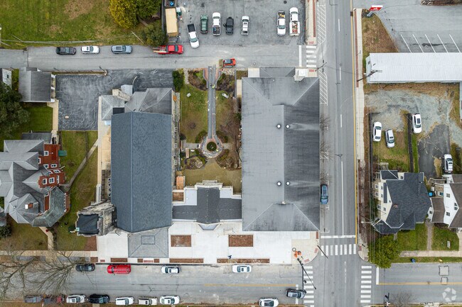 This aerial vie shows the courtyard under construction at St. Patrick School.