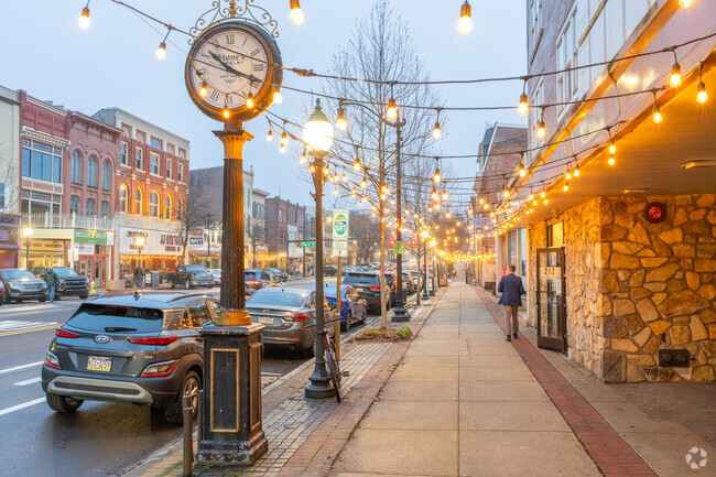 Lights outline the sidewalks at night in Downtown Pottstown making for a scenic atmosphere.