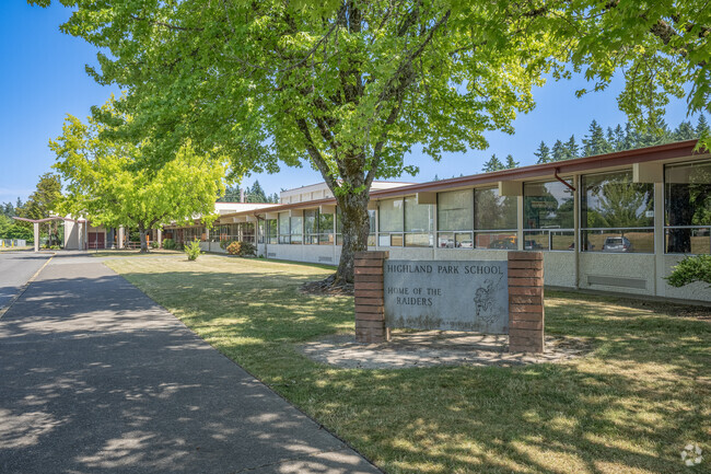 Exterior view of Highland Park Middle School in Beaverton, Oregon.