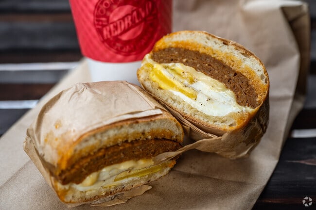Try a famous fried egg breakfast sandwich at Redband Coffee in Downtown Davenport, Iowa.