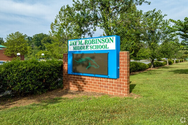 The Jay M. Robinson Middle School sign in Charlotte, NC.