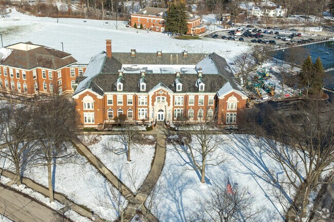 Aerial view of Onaway Elementary School's front entrance.
