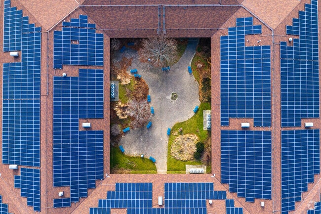 Grayslake Middle School features a rooftop covered completely in solar panels.