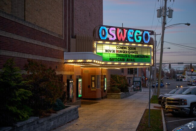 An early evening view of Oswego Cinema 7.