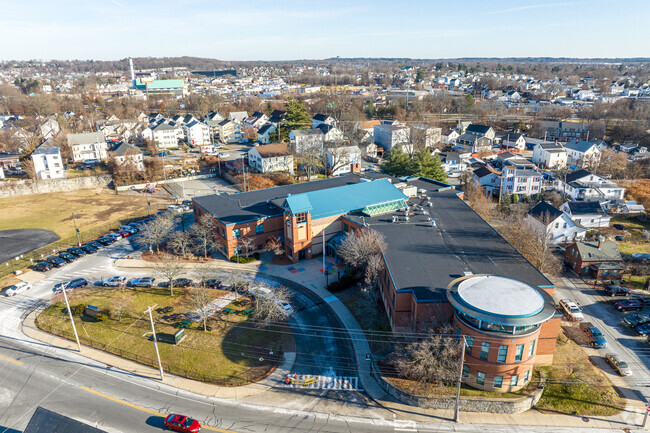 An aerial overview of the Abraham Lincoln Elementary School in Lowell, MA.