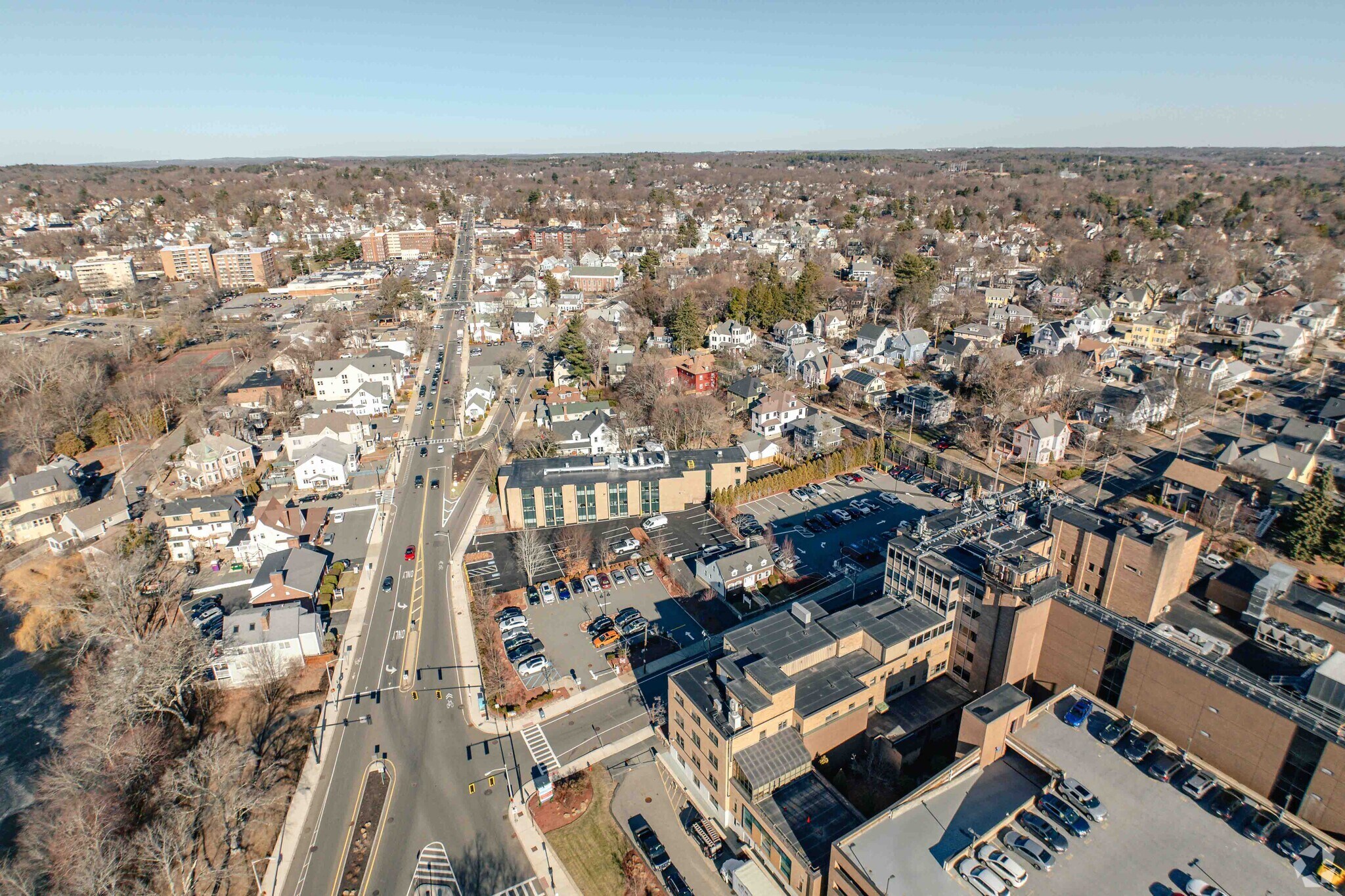 Among the many homes in Downtown Melrose, the main street is filled with shops.