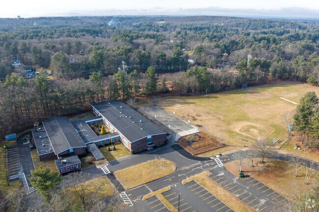 An aerial overview of the John F. Kennedy Elementary School and its fields in Billerica, MA.