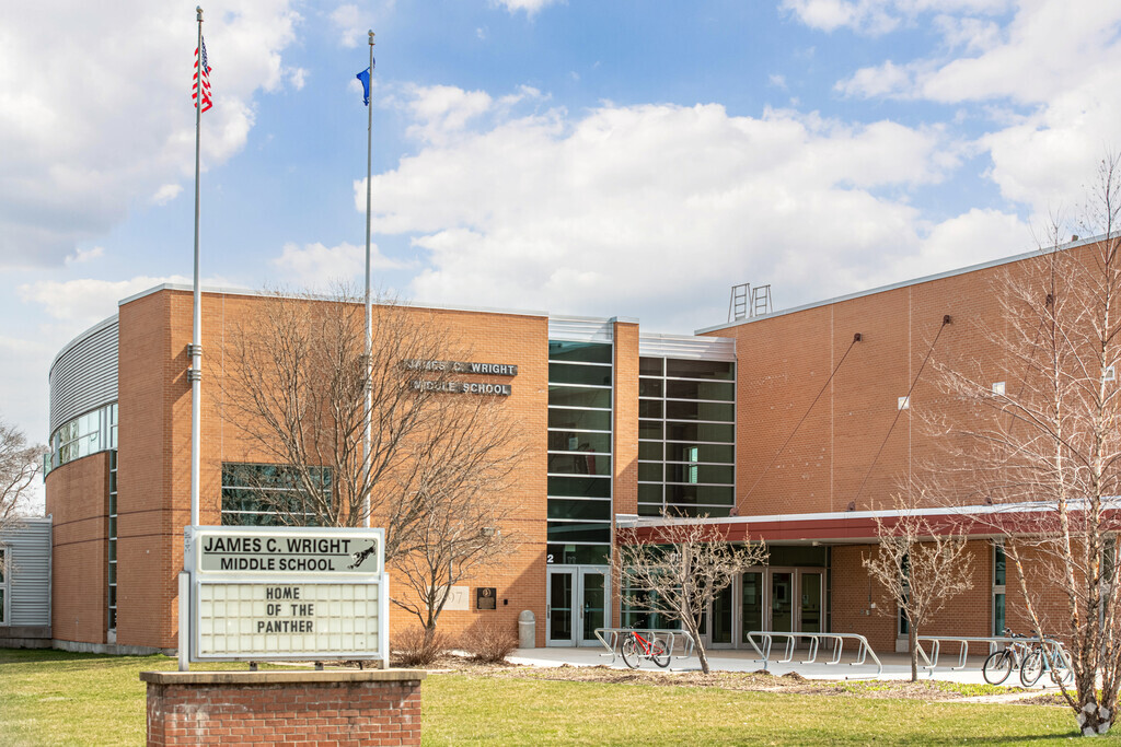 Front Signage and Exterior of James C Wright Middle School, in South Madison