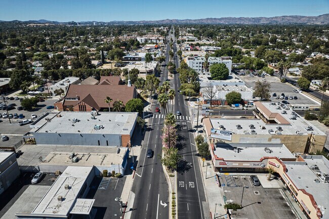 Shops and storefronts form the vibrant retail strip in Reseda, California.