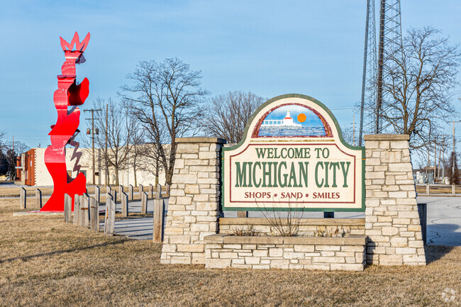 A sign greets visitors and residents alike to Michigan City, Indiana.