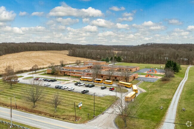 Buses line up at Mendon Elementary School to take South Huntingdon students home for the day.