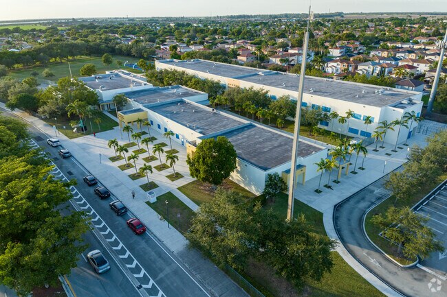 Aerial view of Christina M. Eve Elementary School's main entrance.