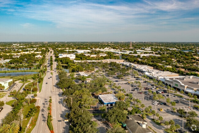 Aerial view of Coconut Creek Parkway and its business's in Coconut Creek, FL.