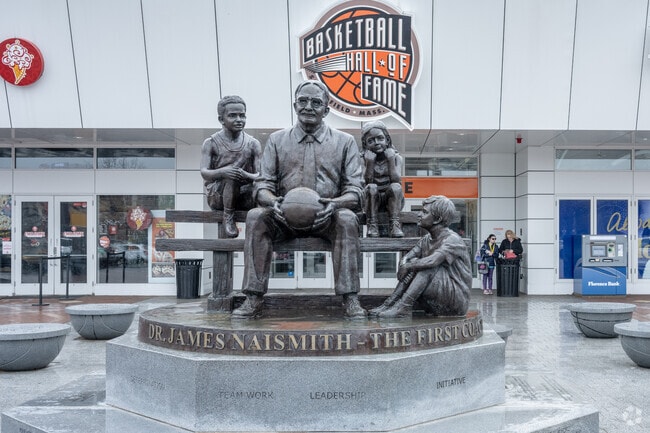 Dr. James Naismith statue near the entrance of the Basketball Hall of Fame.
