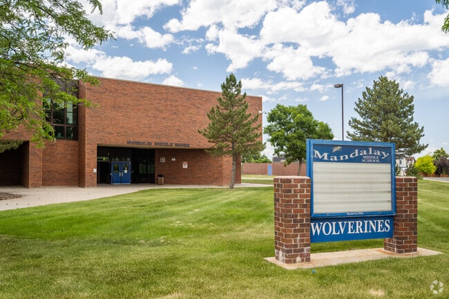 The sign and entrance at Mandalay Middle School in Broomfield, Colorado.