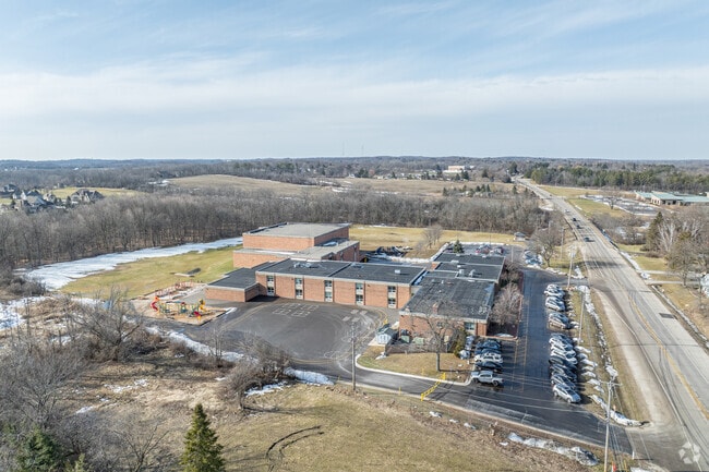 An aerial view of Poplar Creek Elementary School.