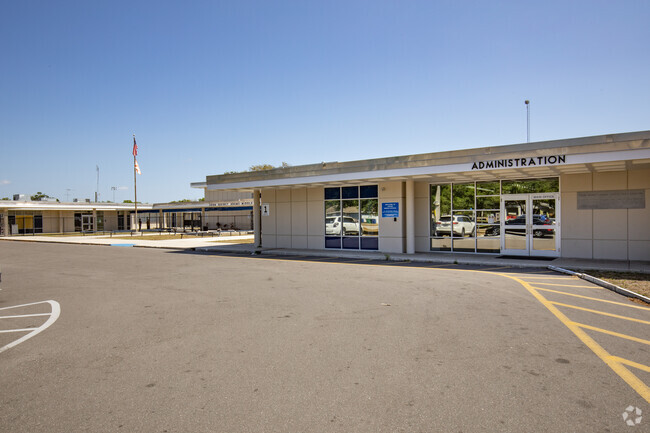 Adams Middle School administration building has its entrance.