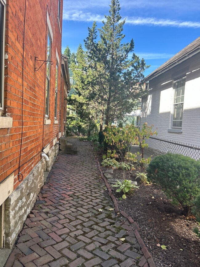 Fenced backyard with original brick sidewalk