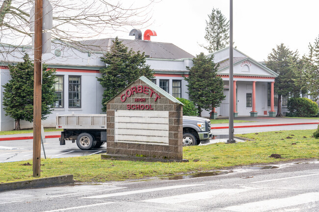 Signage and the front of Corbett School.