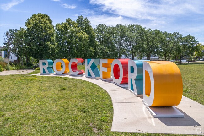 The colorful Rockford sign is located near the river, not far from Jackson Oaks.