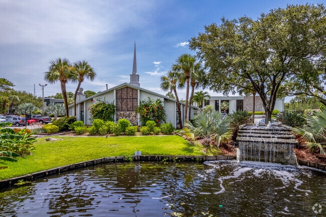 There is a beautiful fountain in front of Liberty Baptist church school.