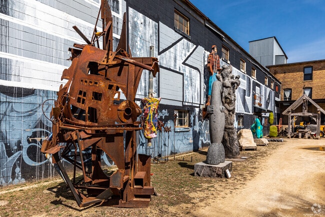 Outdoor sculptures at the NE sculpture gallery factory in Logan Park.