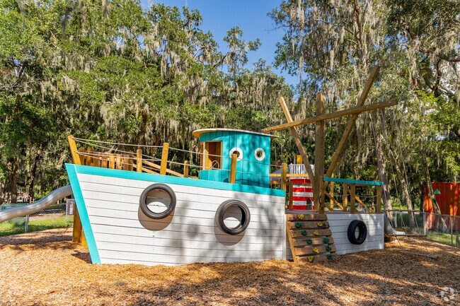 Kids can play along the river on the pretend shrimp boat by the river in Homosassa.