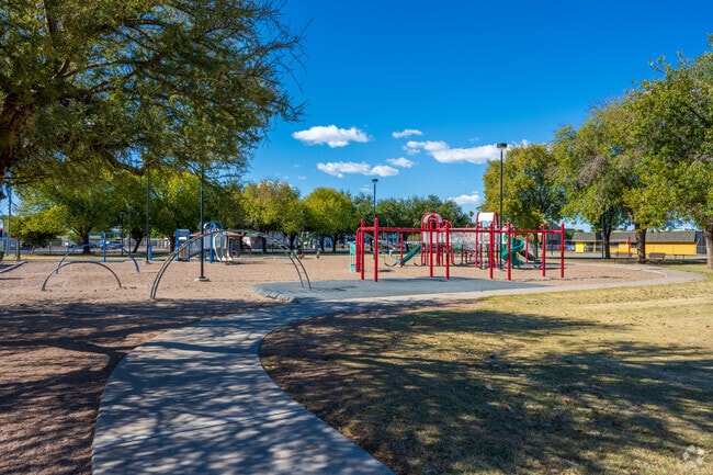 Local children can enjoy the colorful playgrounds at Evergreen Park in Evergreen Historic.