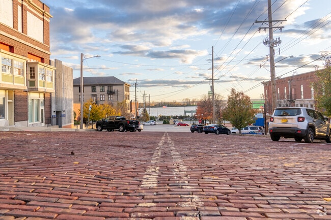 The steep, brick roads of downtown Alton lead down to the Mississippi River.