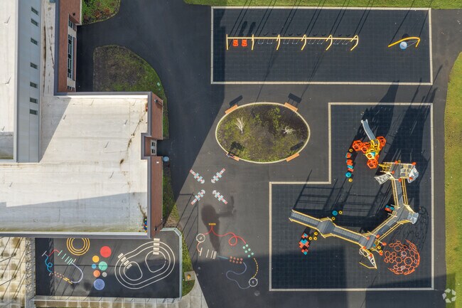 The black top is lined for games at the Walnut Grove Elementary Minnehaha, Vancouver, WA.