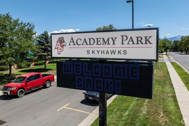 Academy Park Elementary’s electronic sign welcomes students back to school.