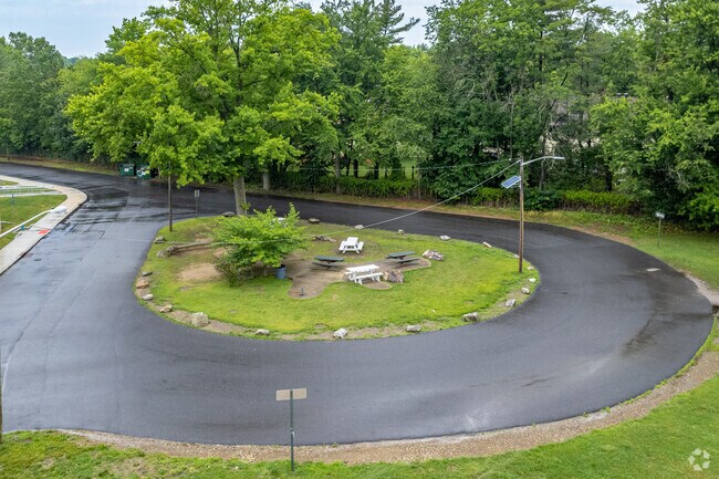 Picnic tables in the circle at Thomas Paine Elementary School in Cherry Hill, NJ.