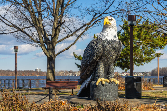 A statue of an eagle greets you as you enter the Burlington Riverfront Promenade.