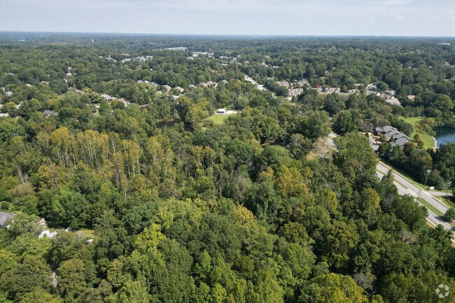 A wide aerial view of the neighborhood in Saddlecreek