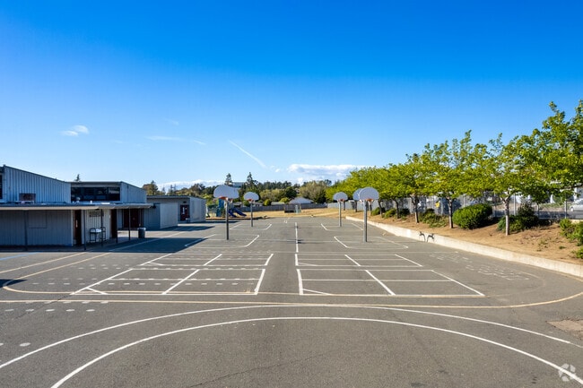 Johnston Cooper Elementary's play area features multiple basketball and game courts.