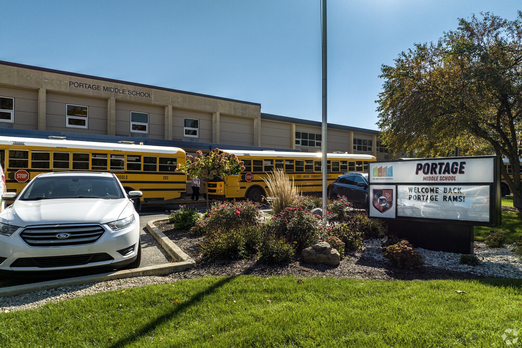 Bus line at Portage Middle School