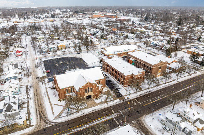 A frontal view of Resurrection School and church.