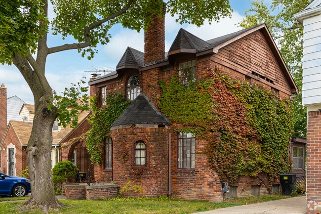 Tudor Revival homes in Franklin Park often display ivy climbing across brick facades.