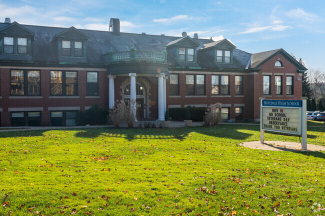 Hopedale Highschool antique entrance is still active aside from it's newer addition.