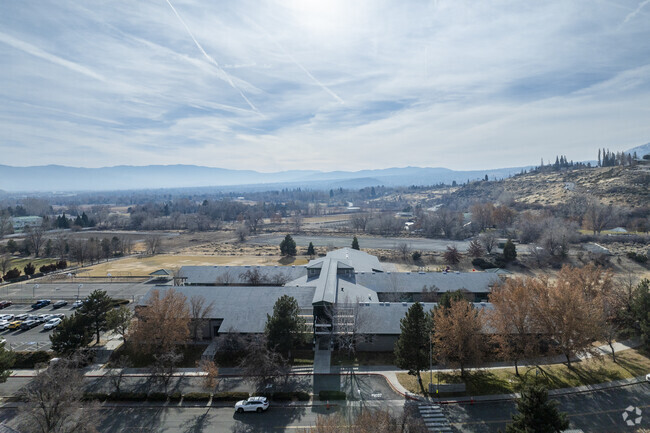 An aerial view of the front of Huffaker Elementary School.