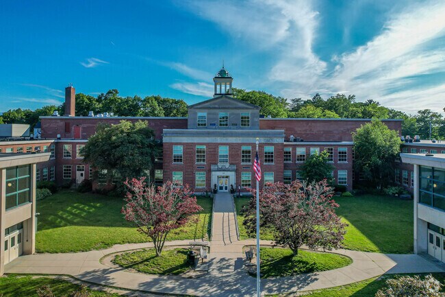 View of courtyard and walking paths at Wellesley Middle School in Wellesley.
