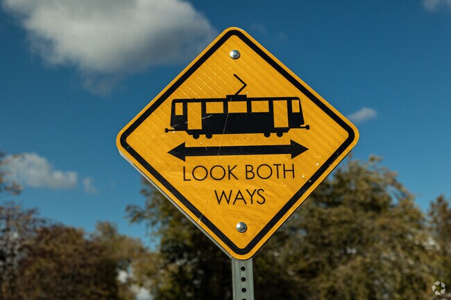 A Trax sign reminds Chesterfield locals to look both ways.