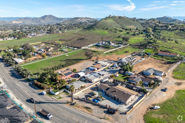 An aerial view of Pedley reveals its suburban character, featuring rolling hills.