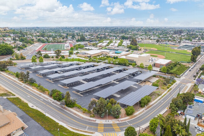Helix High School's parking lot moonlights as a power station with large solar panels.