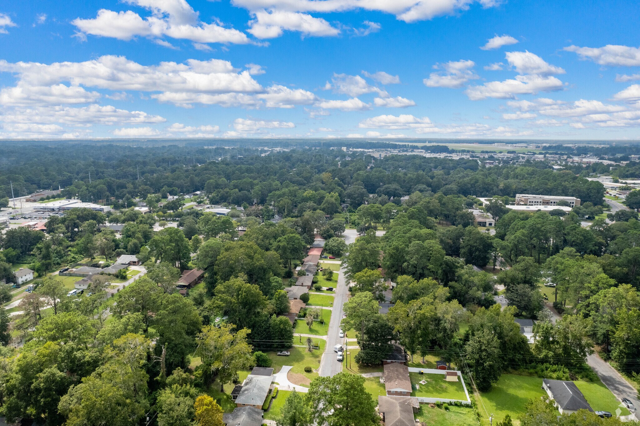 The homes of Skyland Terrace-Greenway Park line up between the mature trees of Savannah.